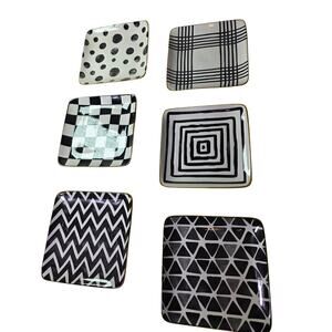 OVER AND BACK Black White Whimsy Appetizer Dessert Ceramic Square Plate Set of 6